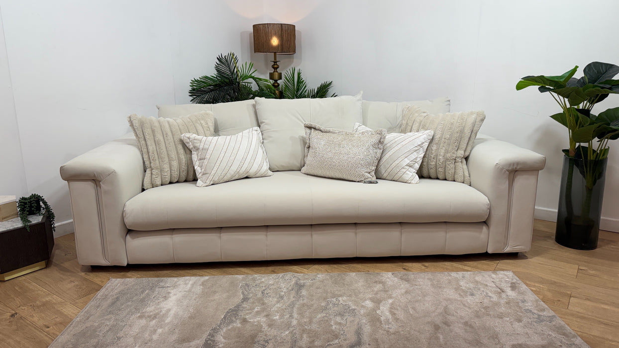 Sofology Oscar Fabric 4 Seater Distressed Walnut Trim in Super Matt Velvet Ecru Mix