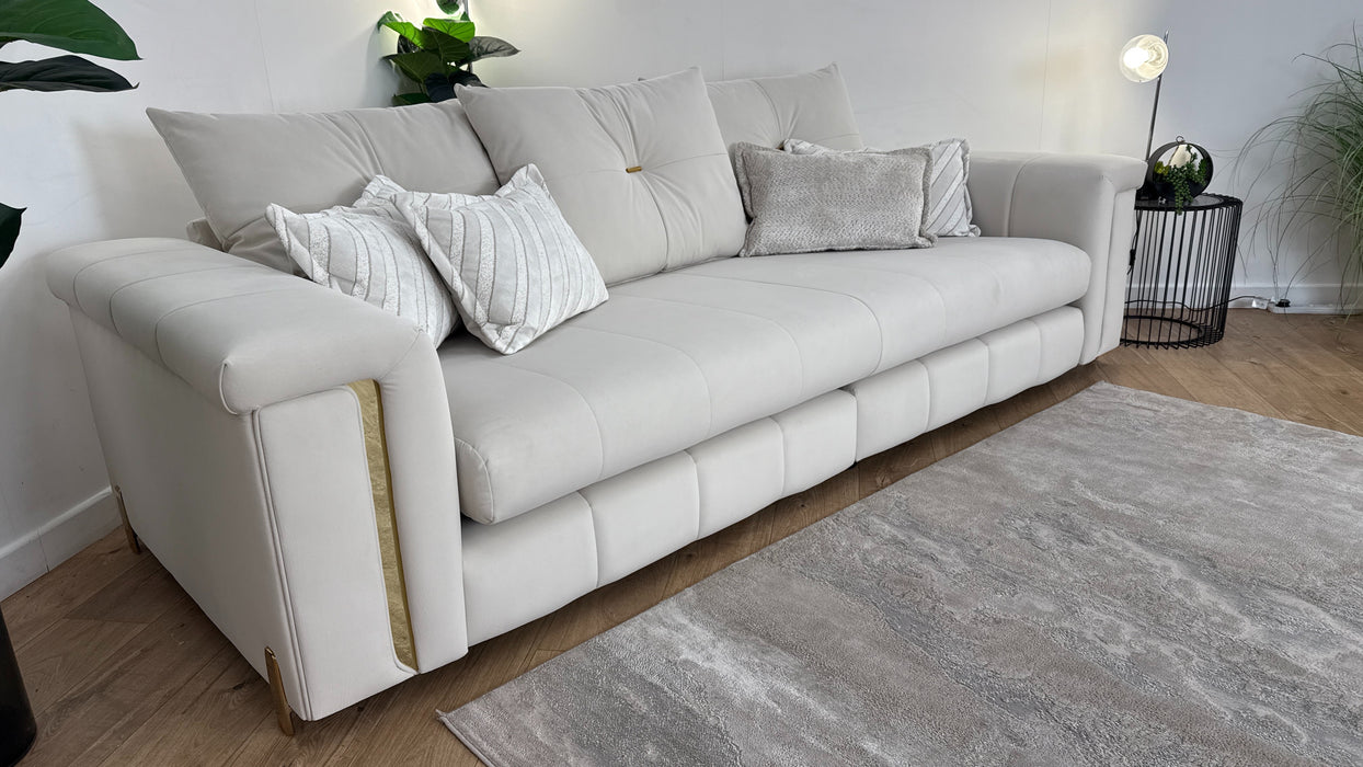 Sofology The Oscar Fabric 4 Seater Split Gold Trim in Super Matt Velvet Ecru Mix