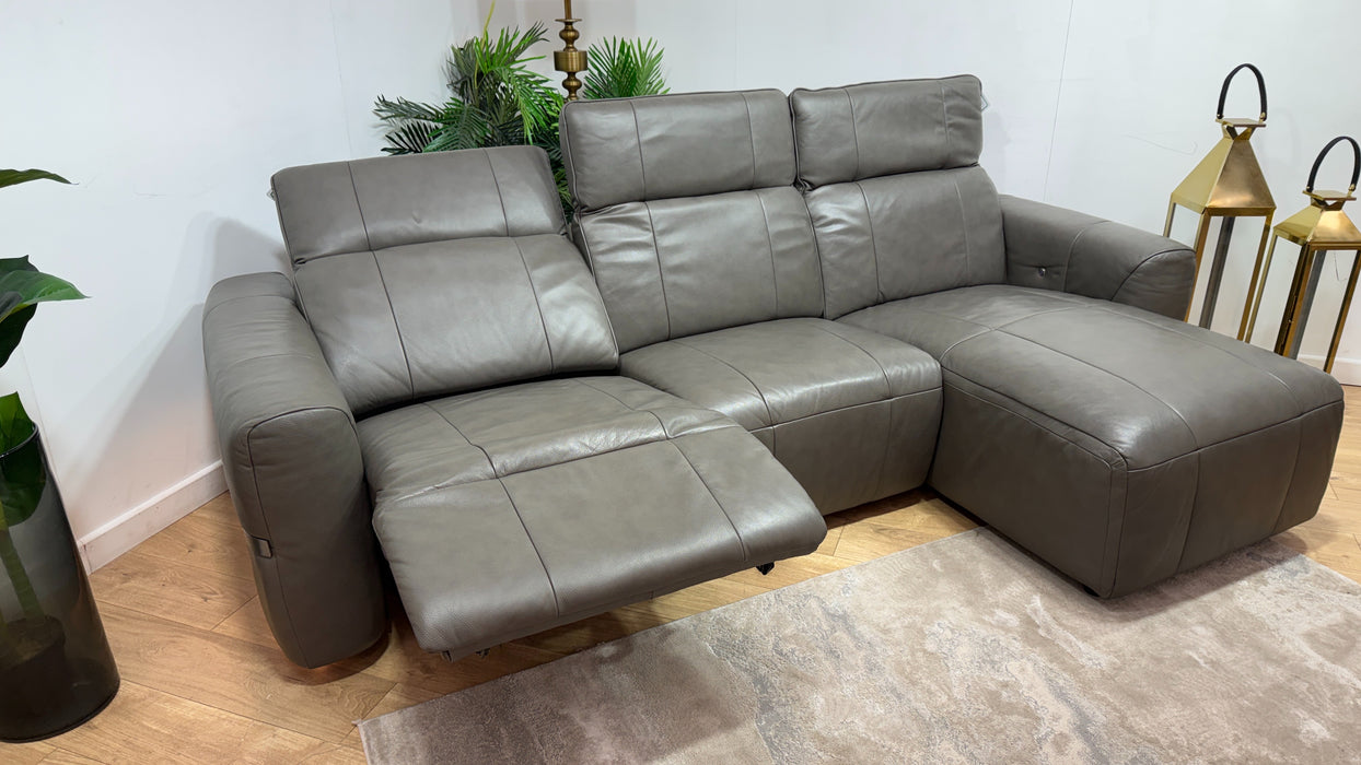 Sofology Lumiere Leather 4 Seater Chaise Power Recliner/Headrest Heated Seats Gunmetal Trim in Trusty Embossed Grey