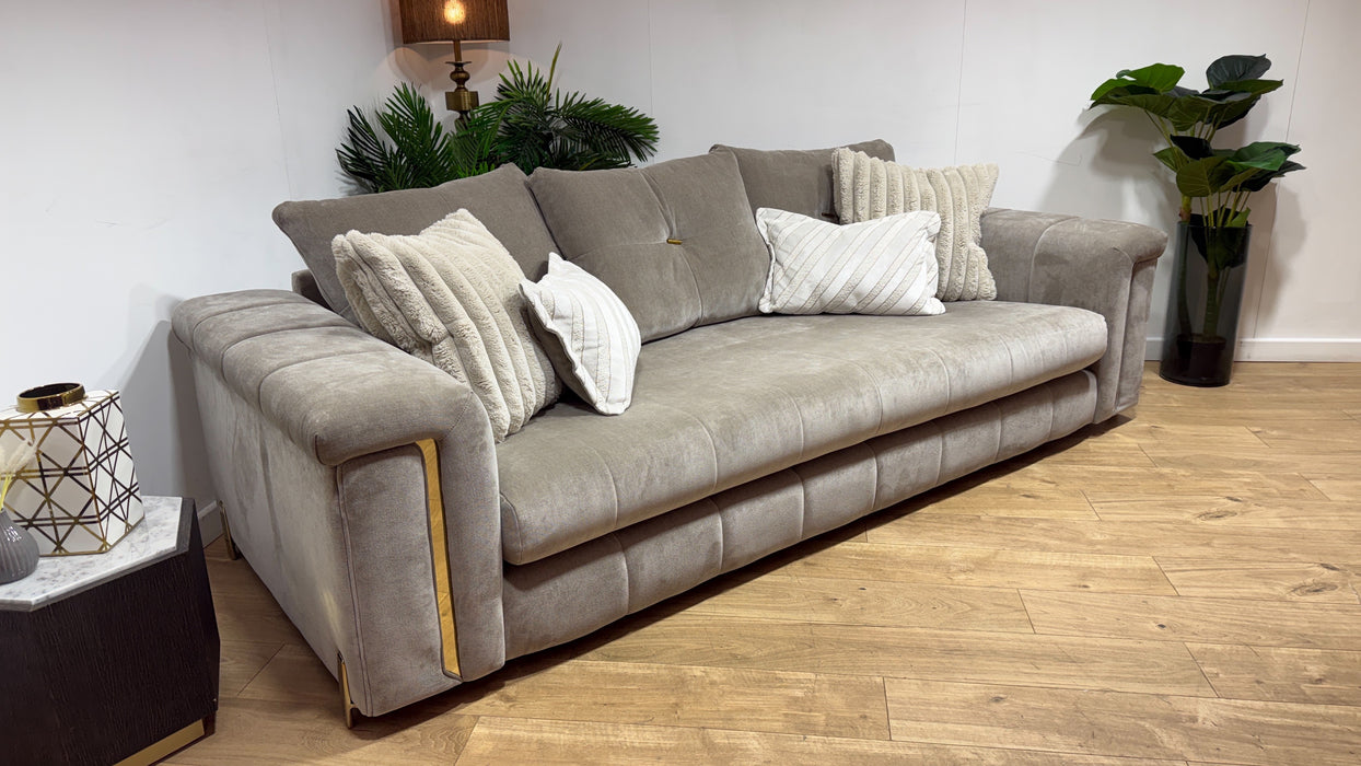Sofology Oscar Fabric 4 Seater Gold Trim in Fine Textured Chenille Stone Mix