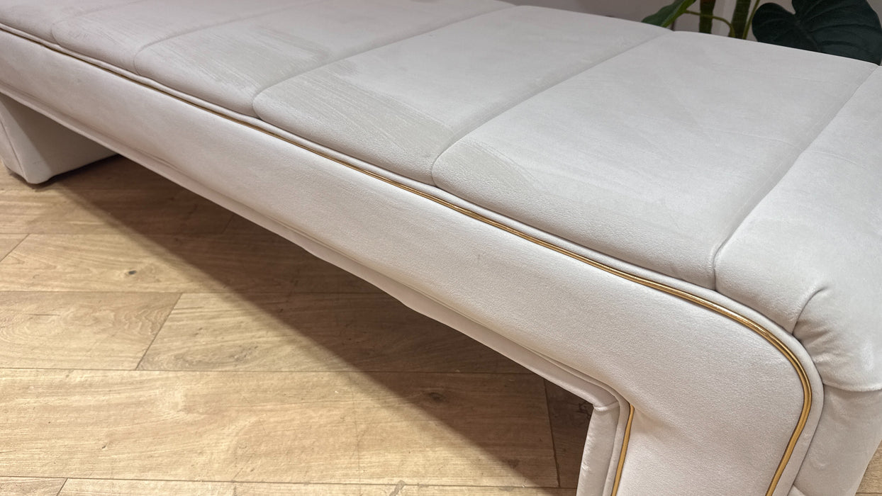 Sofology Oscar Fabric Large Bench Footstool Gold Trim in Super Matt Velvet Ecru