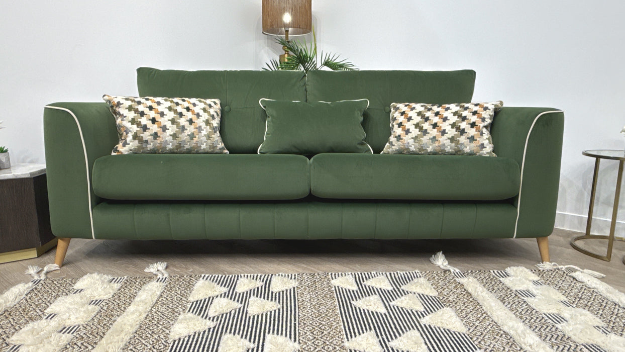 Sofology Remy Fabric 4 Seater in Super Matt Velvet Moss Mix With Cream Contrast Piping