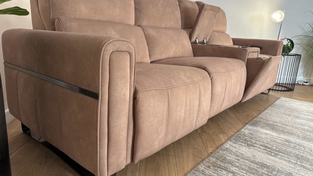 Sofology The Ravello Fabric 3 Seater Console Power Recliner/Headrest Heated Seat Lumbar in Lifestyle Flecked Sand