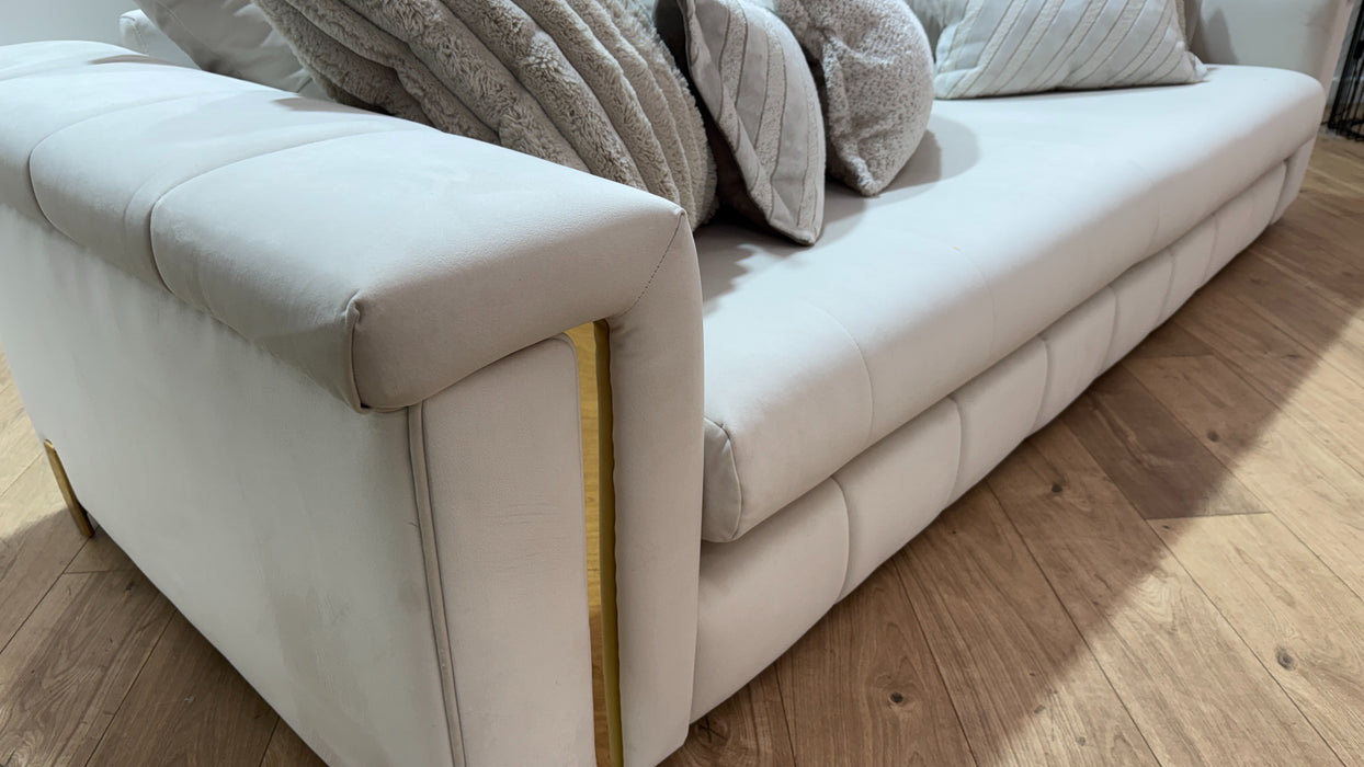 Sofology Oscar Fabric 4 Seater Gold Trim in Super Matt Velvet Ecru Mix