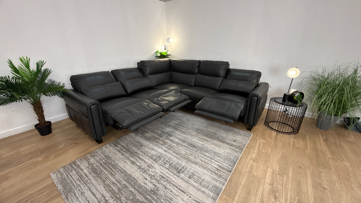 Sofology The Ravello Leather 1 Corner 2 Power Recliner/Headrest Lumbar + Armless Unit Power Recliner Support in Trusty Embossed Charcoal