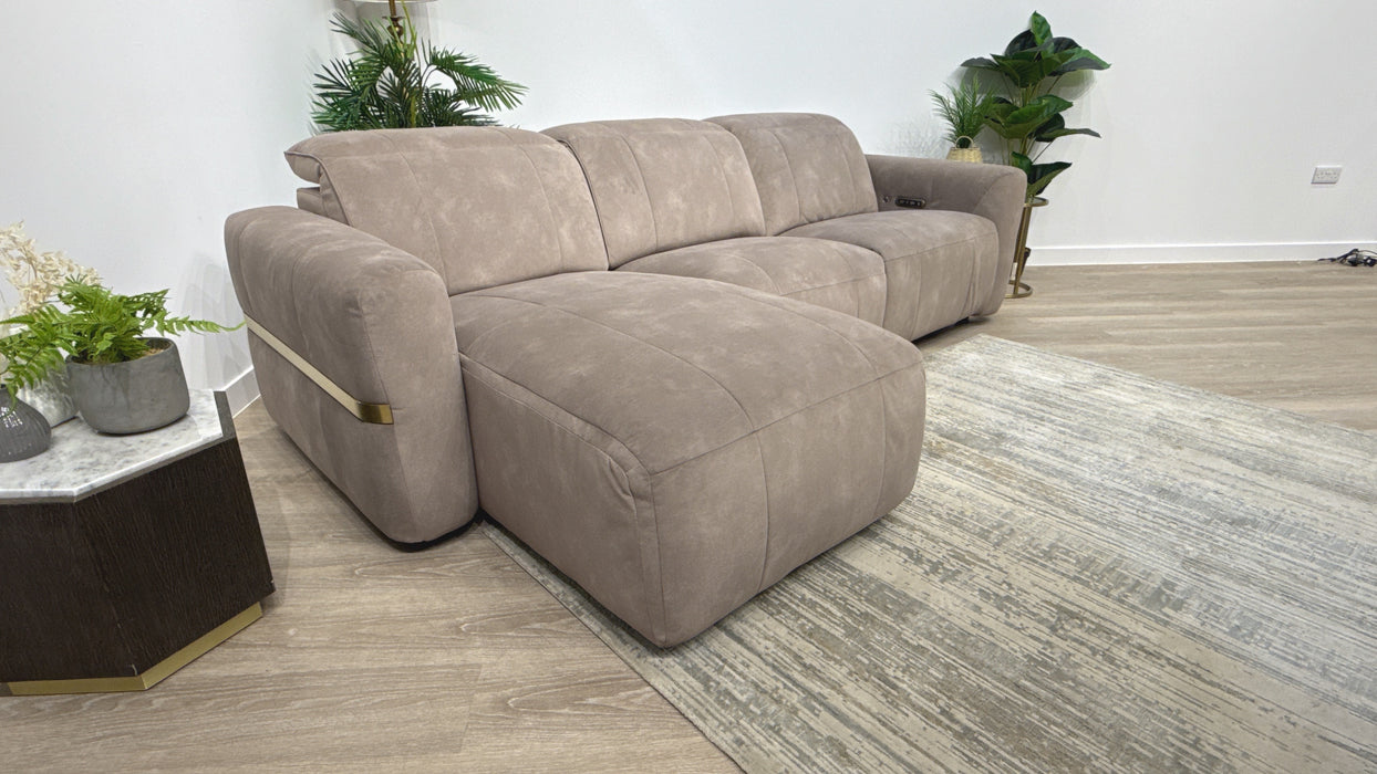 Sofology Lumiere Fabric Chaise 4 Seater Power Recliner/Headrest Gold Trim in Lifestyle Flecked Nutmeg