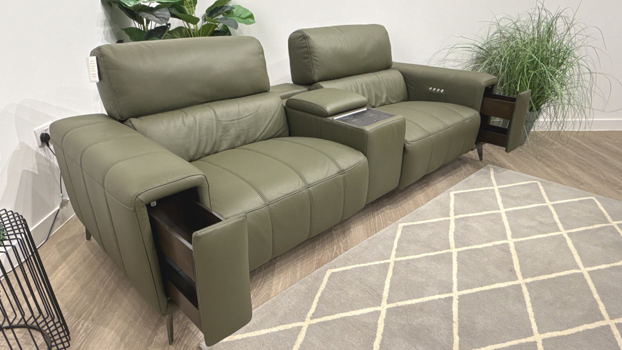 DFS Showcase Leather 2 Seater Cinema Sofa Power Recliner  in Olive