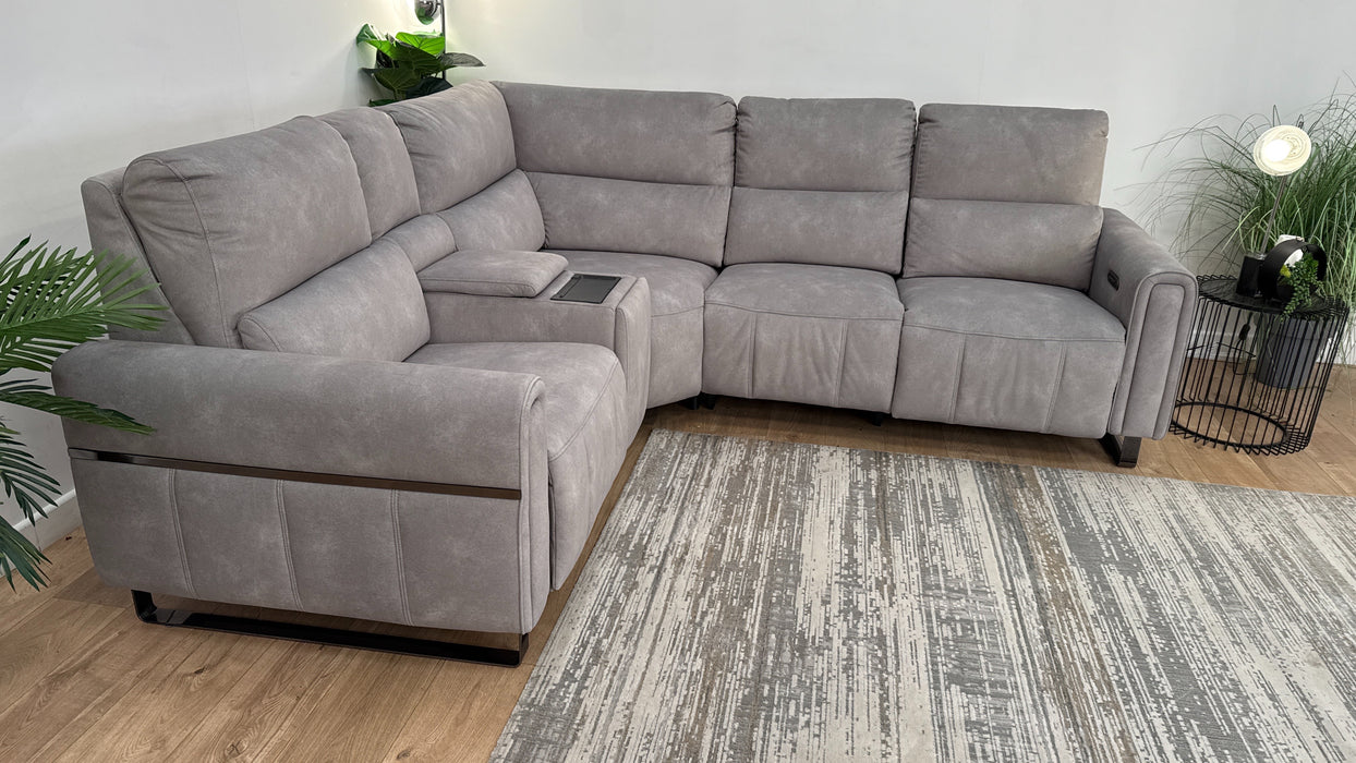 Sofology The Ravello Fabric 1 Console Corner 2 Power Recliner/Headrest Lumbar Support in Lifestyle Flecked Fabric Stone