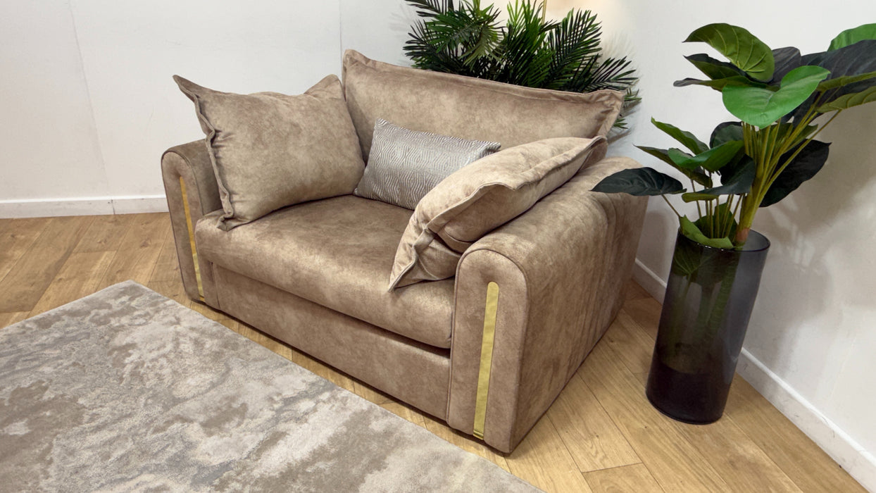 Sofology Savoy Fabric Loveseat Gold Trim in Lifestyle Dapple Fabric Caramel Mix