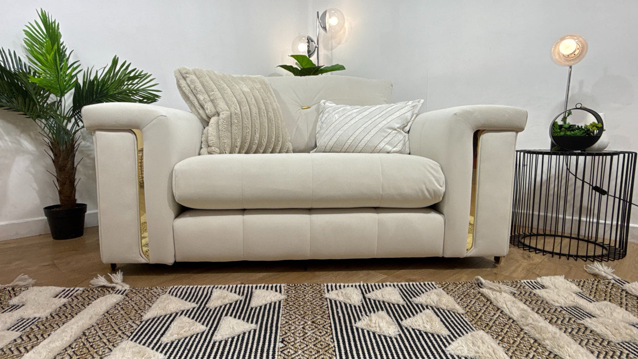 Sofology Oscar Fabric Loveseat Gold Trim in Super Matt Velvet Ecru Mix