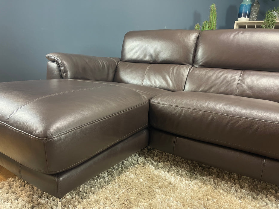 Illinois Chaise 3 Seater Sofa Power Recliner Power Headrest Trusty Soft Sheen Rich Brown Leather