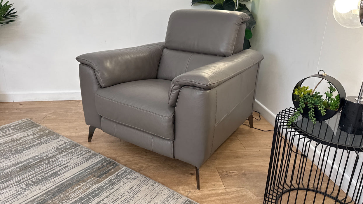 Sofology Illinois Leather Chair Power Recliner/Headrest Heated Seat in Trusty Soft Sheen Fossil Grey