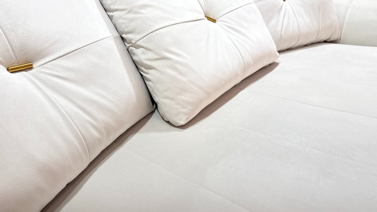 Sofology Oscar Fabric 4 Seater Gold Trim in Super Matt Velvet Ecru Mix