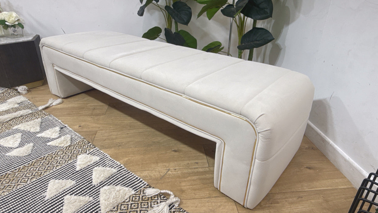 Sofology Oscar Fabric Large Bench Footstool Gold Trim in Super Matt Velvet Ecru