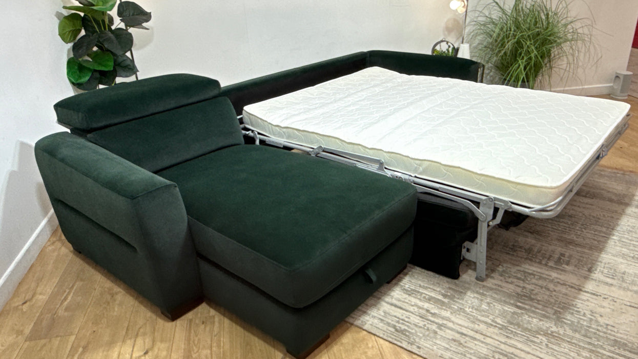 Sofology Metropolitan Fabric Chaise 4 Seater Sofa Bed with Storage in Lifestyle Mottled Dark Green
