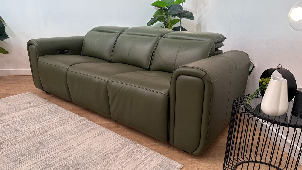 Sofology Premiere Leather 3 Seater Power Recliner/Headrest in Trusty Embossed Dark Olive