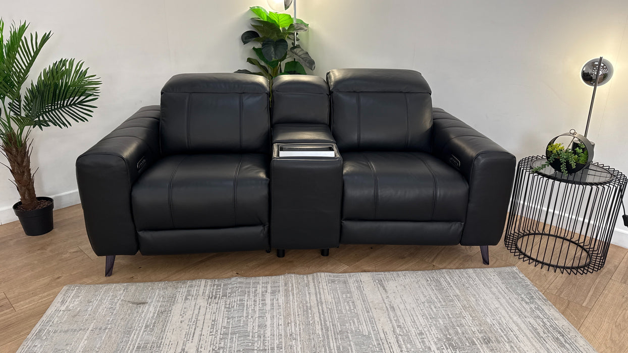 Sofology Allure Leather 2 Seater Power Recliner/Headrest Screen Console Heated Seats Lumbar Speakers in Trusty Embossed Jet Black