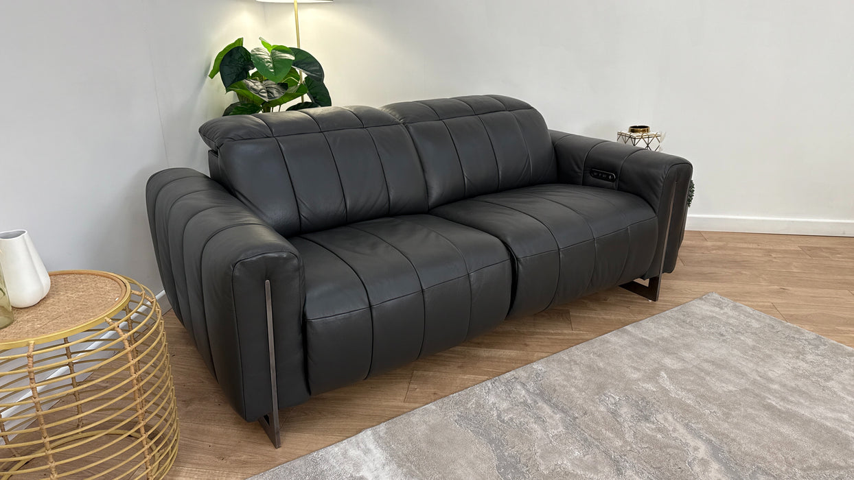 Sofology The Paramount Leather 2.5 Seater Console Power Recliner/Headrests Speakers in Trusty Embossed Charcoal