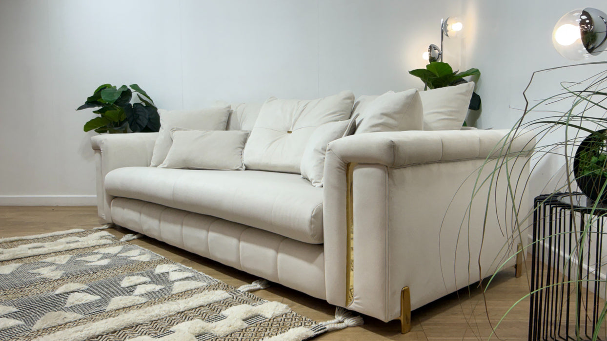 Sofology Oscar Fabric 4 Seater Gold Trim in Super Matt Velvet Ecru