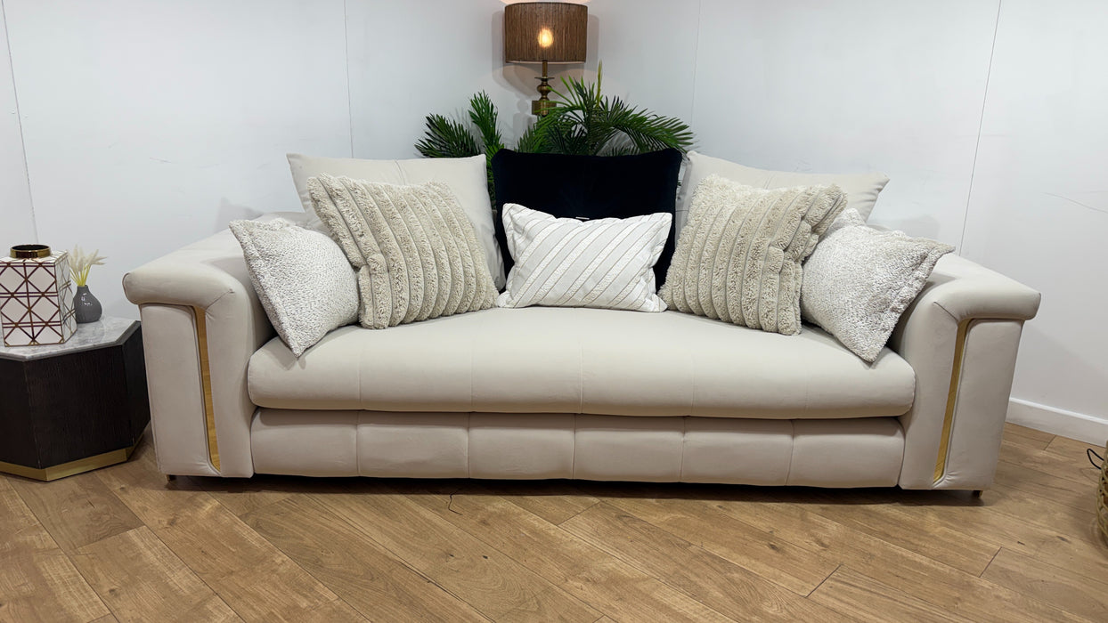 Sofology Oscar Fabric 3 Seater Gold Trim in Super Matt Velvet Ecru Mix