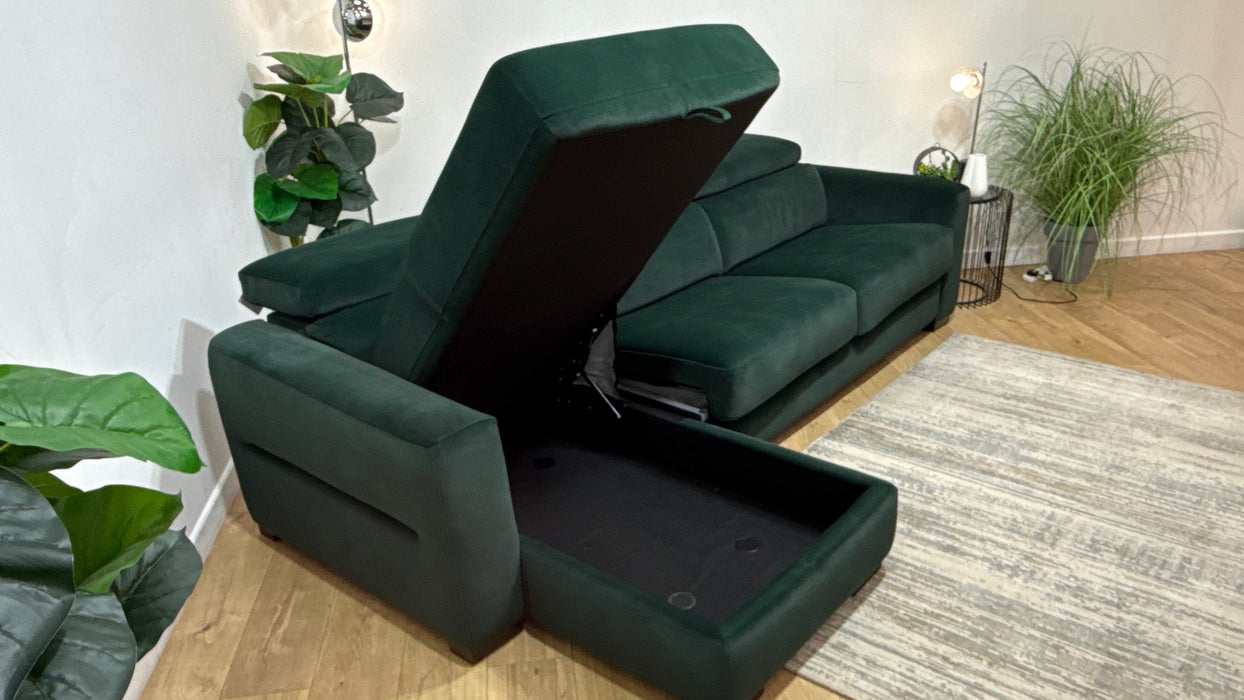 Sofology Metropolitan Fabric Chaise 4 Seater Sofa Bed with Storage in Lifestyle Mottled Dark Green