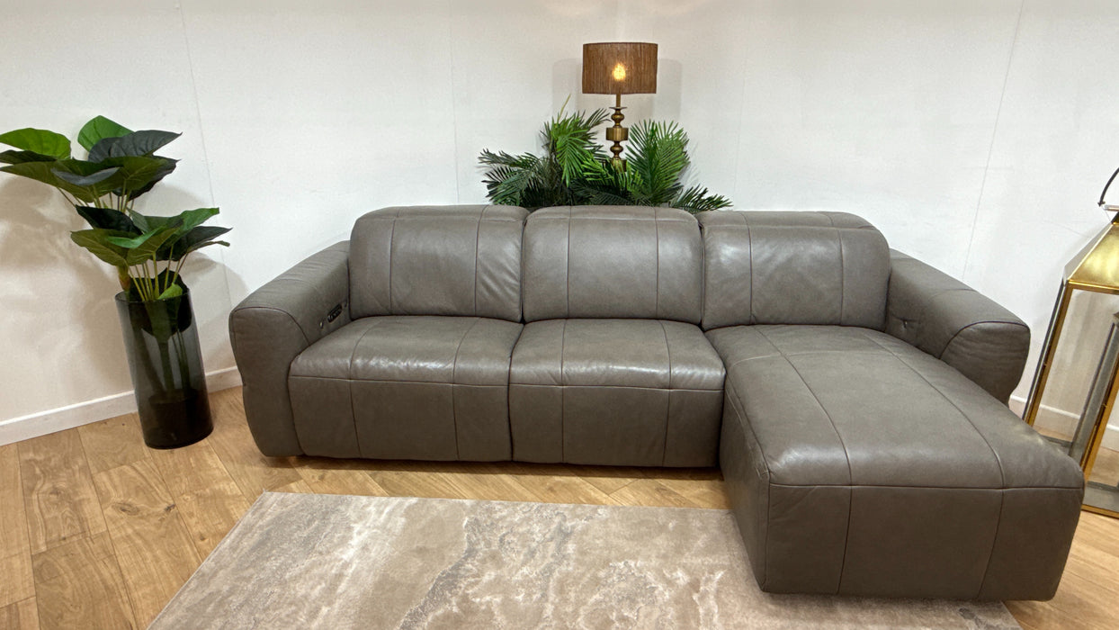 Sofology Lumiere Leather 4 Seater Chaise Power Recliner/Headrest Heated Seats Gunmetal Trim in Trusty Embossed Grey
