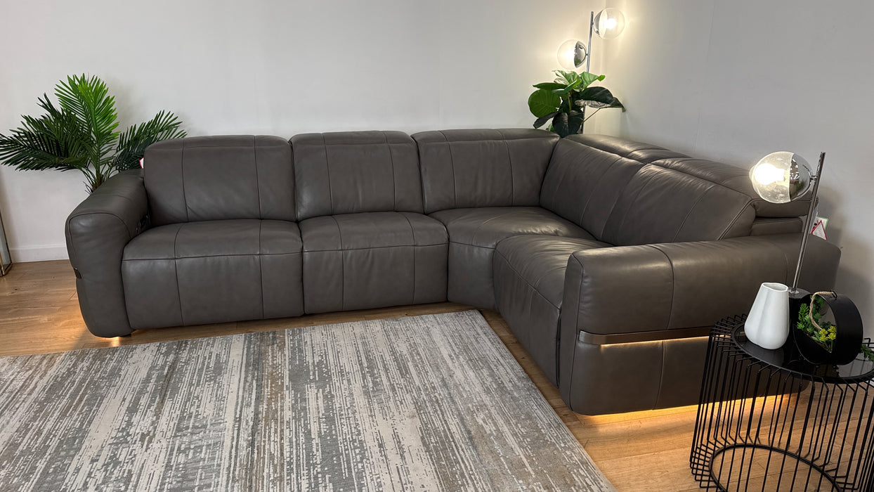 Sofology Lumiere Leather 3 Corner 1.5 Power Recliner/Headrest Heated Seat in Trusty Embossed Grey