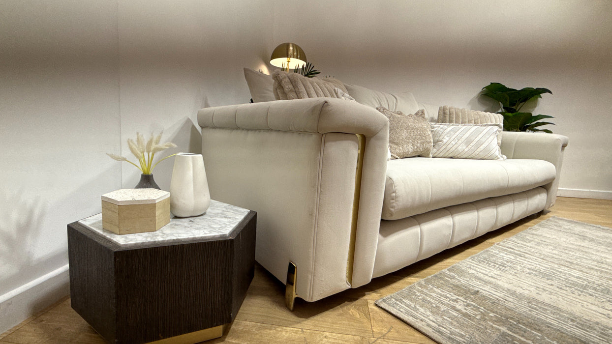 Sofology Oscar Fabric 4 Seater Gold Trim in Super Matt Velvet Ecru Mix