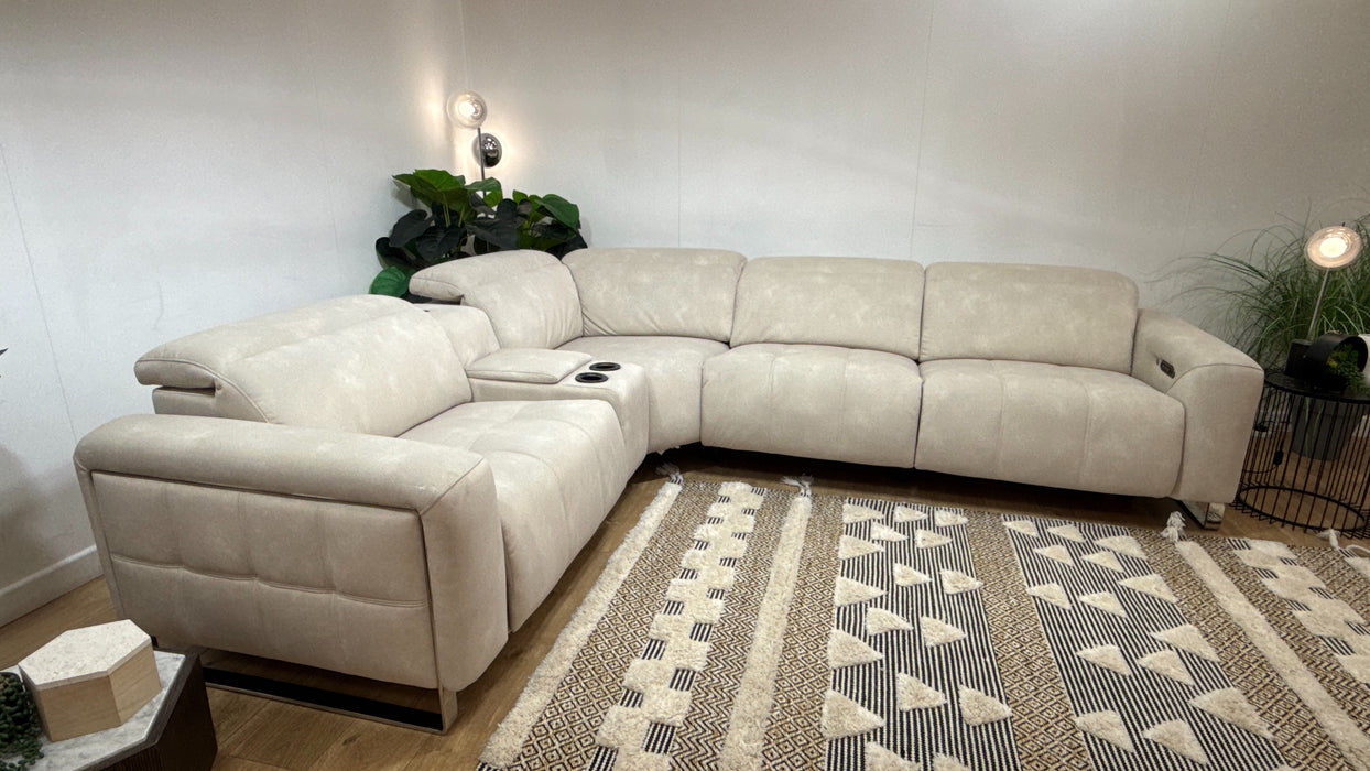 Sofology Marvella Fabric 1.5 Console Corner 3 Power Recliner/Headrest Heated Seat in Lifestyle Flecked Ivory
