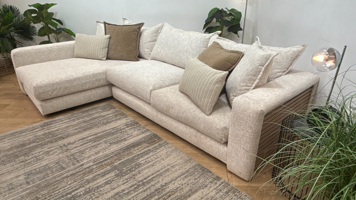 Sofology Cove Fabric Grande Chaise Light Wood Panel in Artisan Chenille Oyster Mix