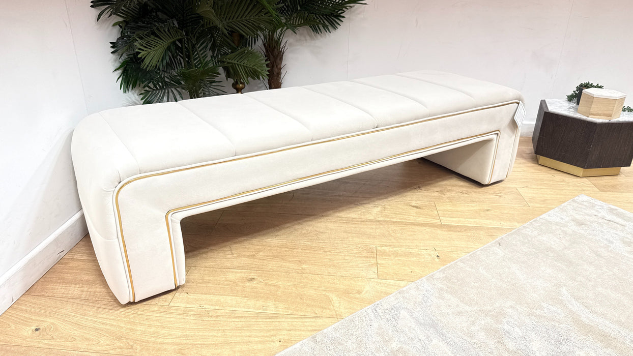 Sofology Oscar Fabric Large Bench Footstool Gold Trim in Super Matt Velvet Ecru