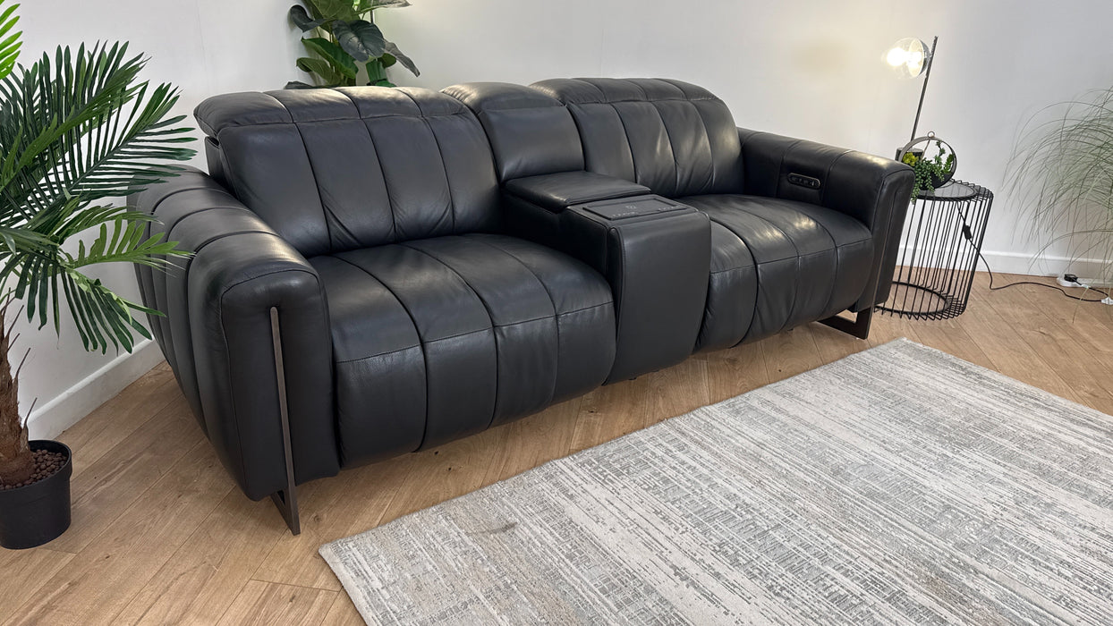 Sofology The Paramount Leather 2.5 Seater Console Power Recliner/Headrest Speakers in Trusty Embossed Jet Black