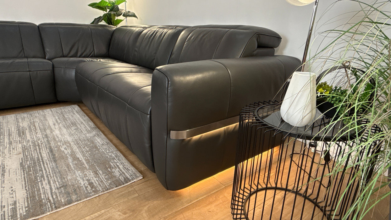 Sofology Lumiere Leather 3 Corner 3 Power Recliner/Headrest Heated Seat in Trusty Embossed Charcoal