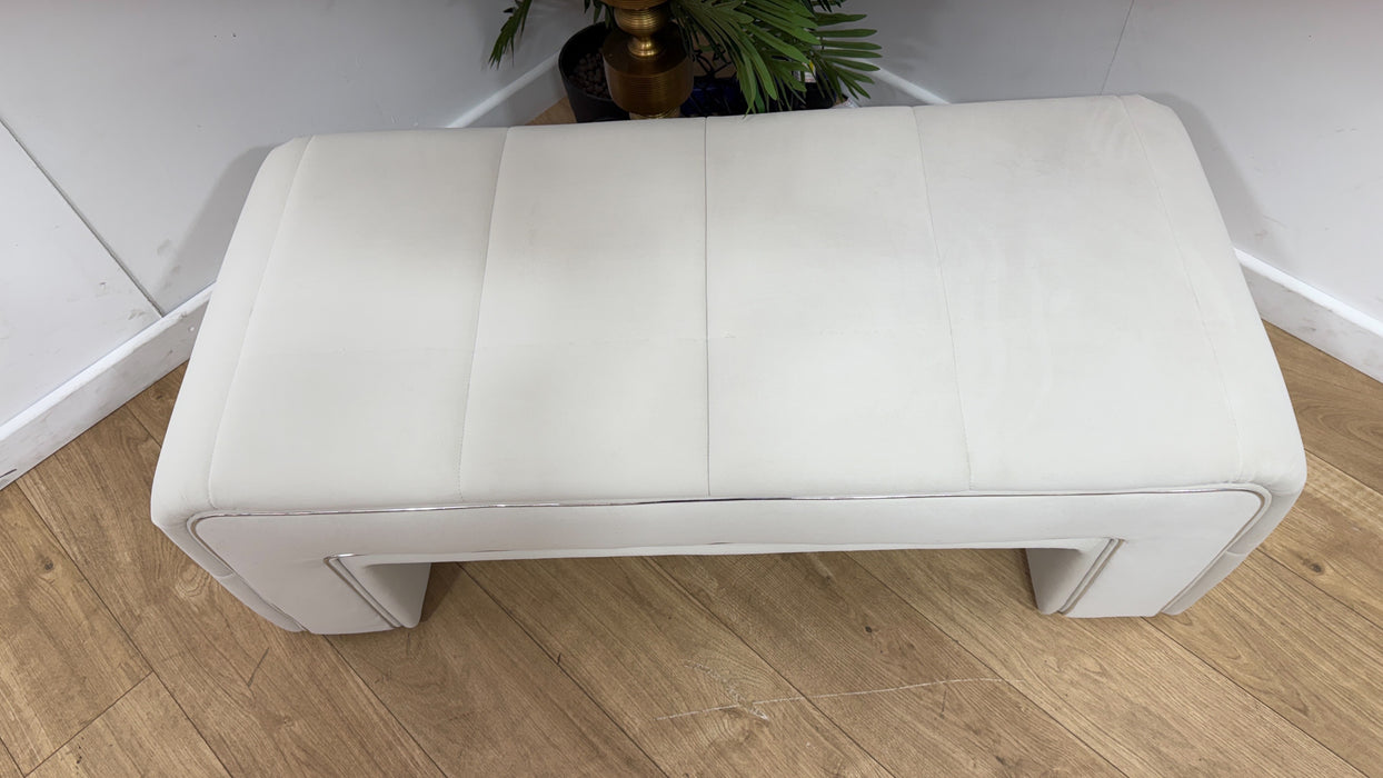 Sofology Oscar Fabric Small Bench Footstool Silver Trim in Super Matt Velvet Ecru