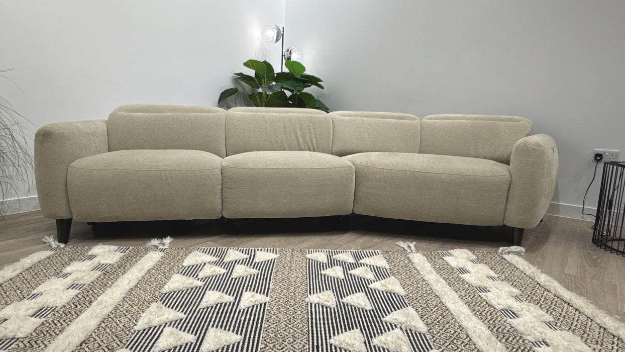 Sofology Larsen Fabric 4 Seater Asymmetrical Power Recliner/Headrest in Chunky Linen Look Chenille Pebble