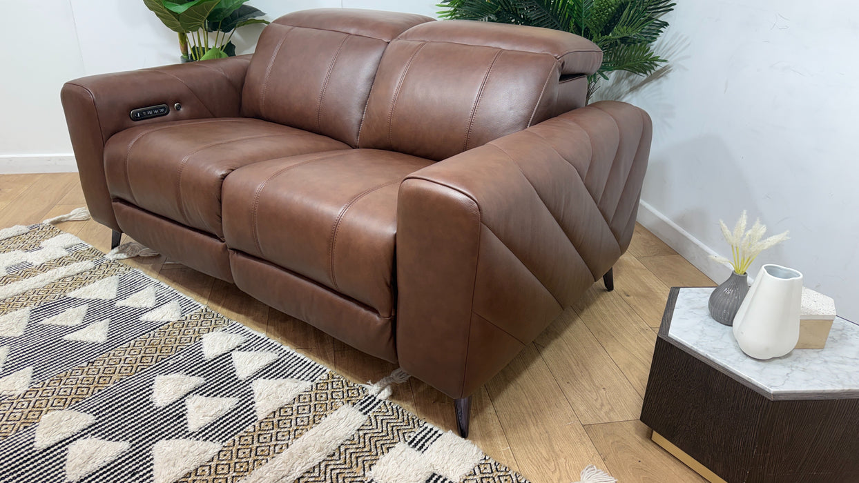 Sofology Allure Fabric 2 Seater Power Recliner/Headrest Heated Seats Lumbar Support Speakers in Trusty Embossed Chestnut