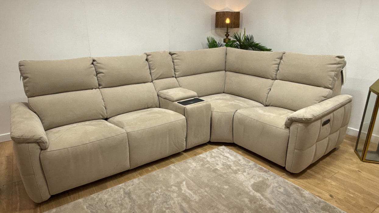 Sofology Ripley Fabric 3 Corner Console 1 Power Recliner/Headrest Lumbar Support in Lifestyle Nubuck Feel Stone