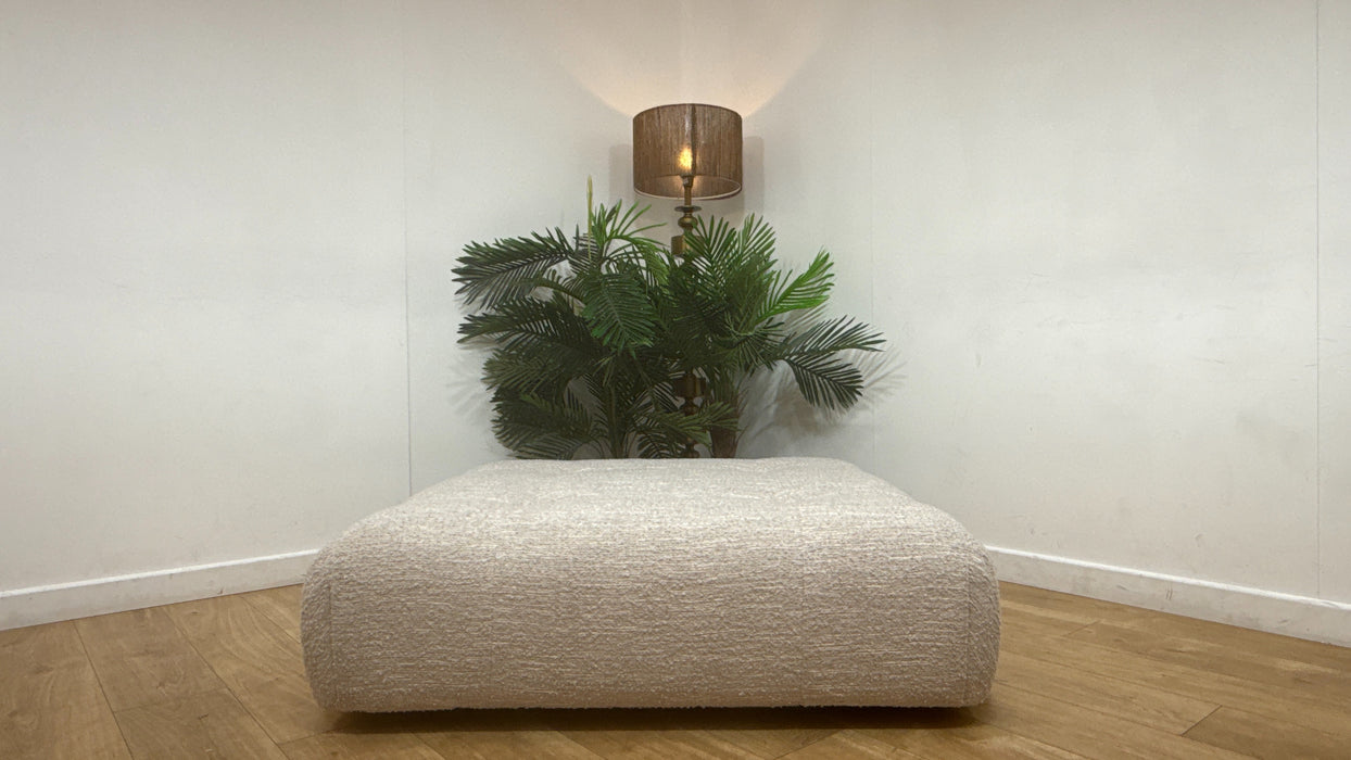 Sofology Marble Arch Fabric Designer Footstool with Light Wood Trim in Chunky Flecked Boucle Stone