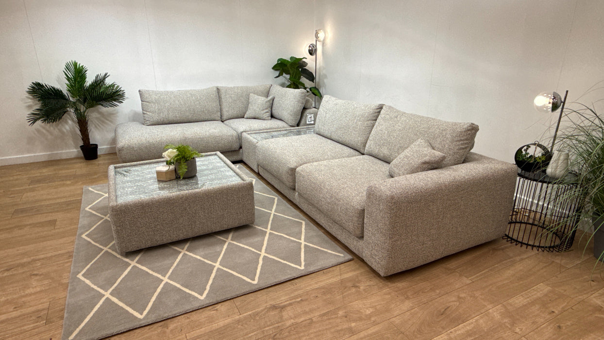 Sofology Amalfi Fabric Chaise 1 Corner Console 3 in Micro Flecked Boucle + Glass Table Pebble Mix