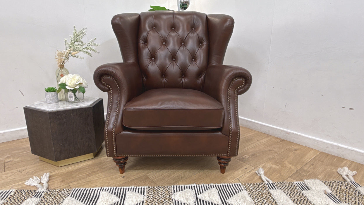 Sofology Darcy Leather Accent Wing Chair with Studs in Trusty Supersoft Sheen Chestnut