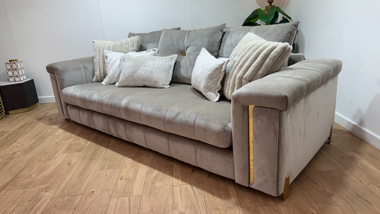 Sofology Oscar Fabric 4 Seater Gold Trim in Fine Textured Chenille Stone Mix