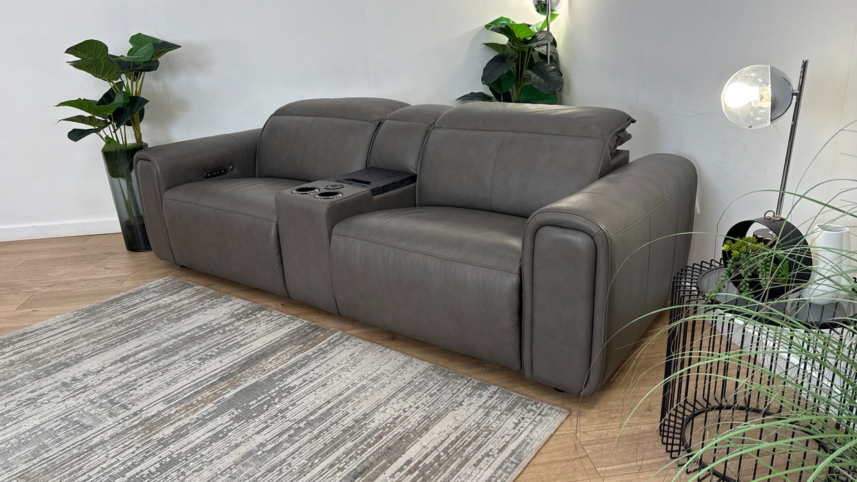 Sofology Premiere Leather 2.5 Seater Smart Console Power Recliner/Headrest Heated Seat in Trusty Embossed Grey
