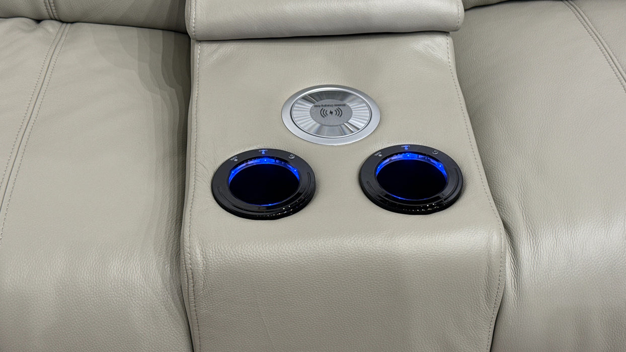 Sofology Allure Leather 3 Seater Power Recliner/Headrest Heated Seats Lumbar Support Speakers in Trusty Embossed Light Grey