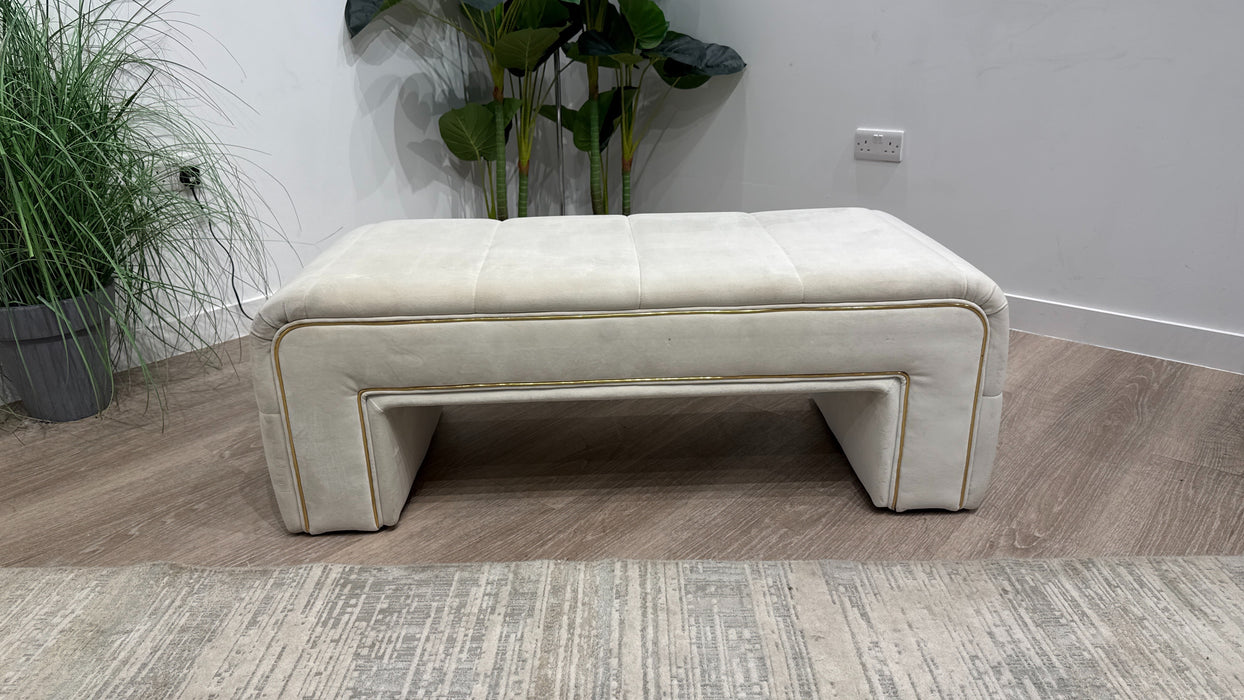 Sofology Oscar Fabric Small Bench Footstool Gold Trim in Super Matt Velvet Ecru