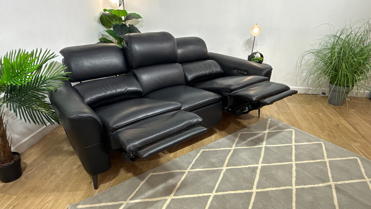 Sofology Viento Leather 3 Seater Power Recliner/Headrest Heated Seats Lumbar Support in Trusty Embossed Jet Black