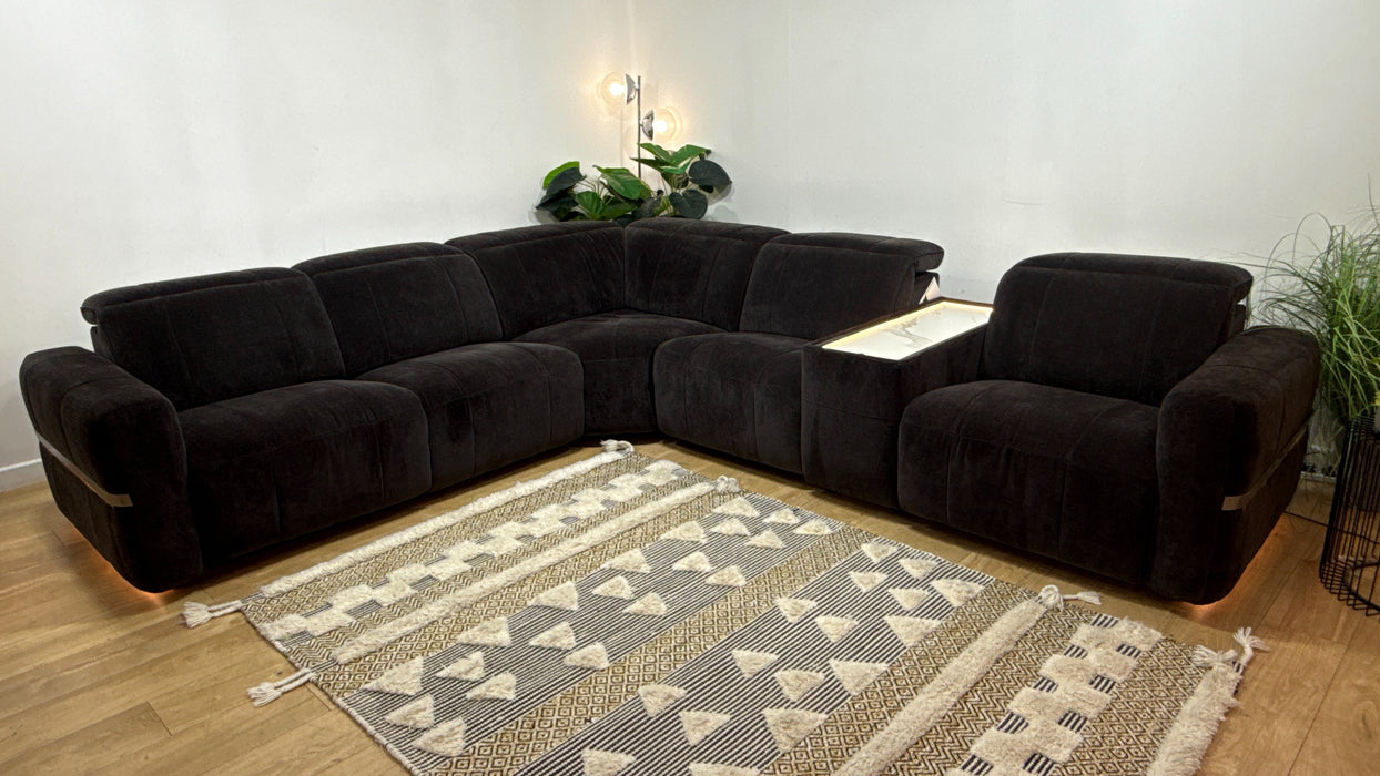 Sofology Lumiere Fabric 3 Corner 3 Console Power Recliner/Headrest Heated Seats in Relaxed Chenille Raisinric