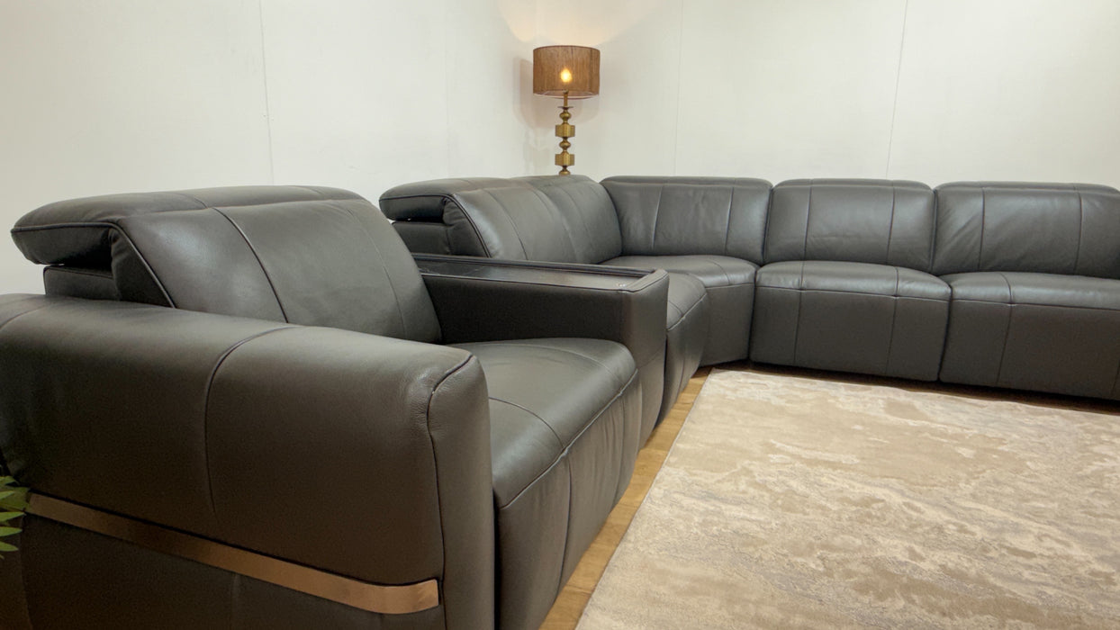 Sofology Lumiere Leather 3 Console Corner 3 Power Recliner/Headrest in Trusty Embossed Charcoal
