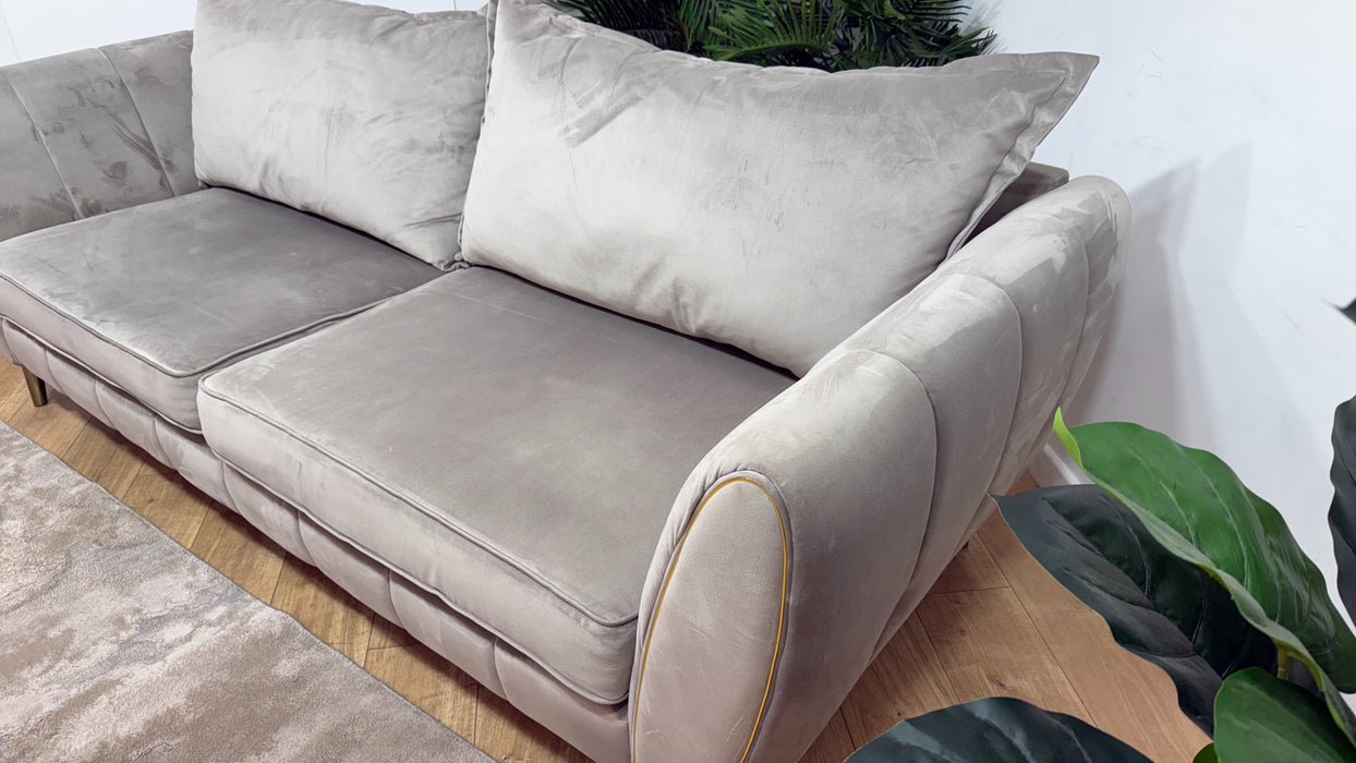 Sofology Gabrielle Fabric 4 Seater Gold Trim in Plush Pebble/Alexa Truffle Mix