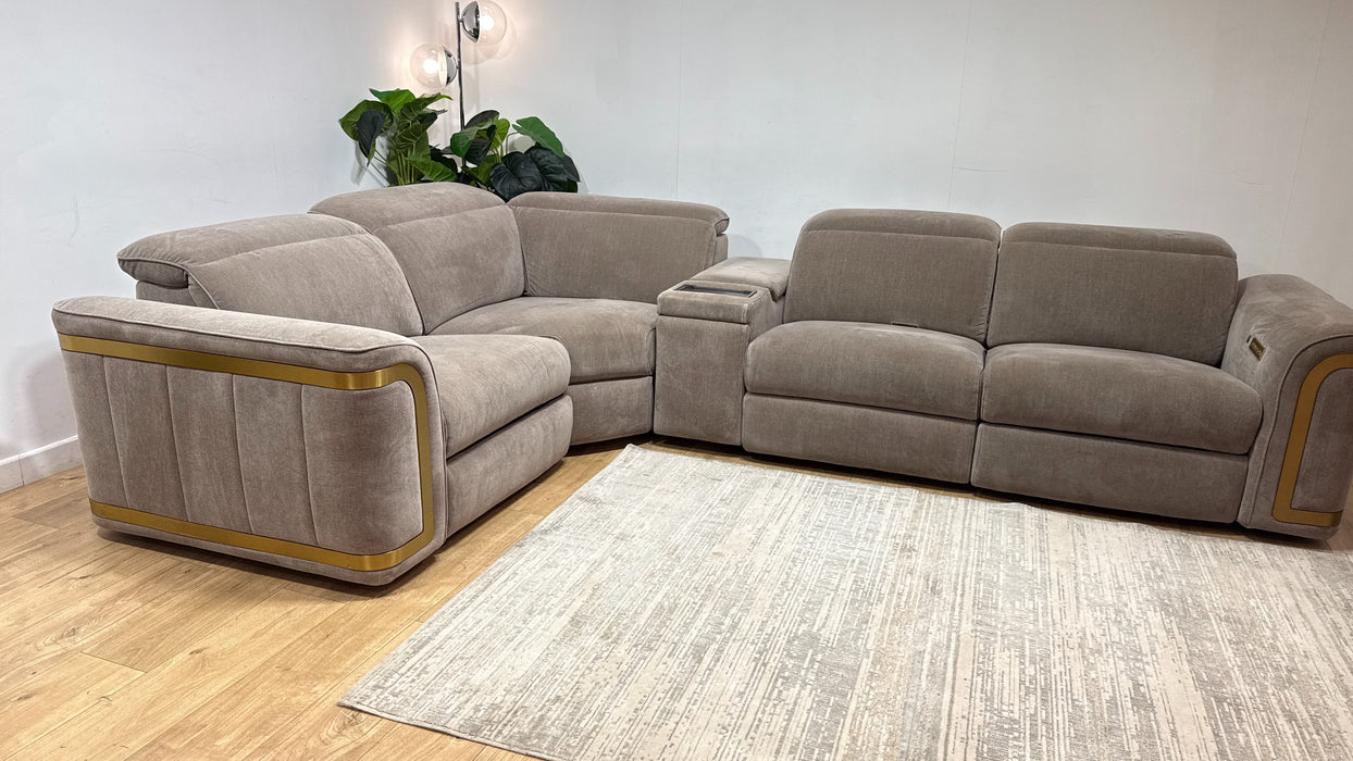 Sofology Plaza Fabric 1.5 Smart Console Corner 3 Power Recliner/Headrest Heated Seats in Relaxed Chenille Nutmeg