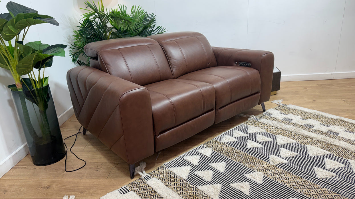 Sofology Allure Fabric 2 Seater Power Recliner/Headrest Heated Seats Lumbar Support Speakers in Trusty Embossed Chestnut
